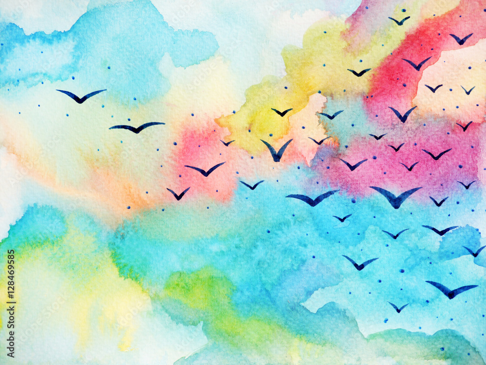 Obraz free birds flying on fresh sky watercolor painting illustration