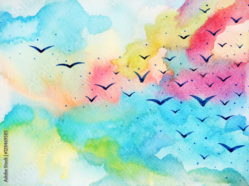 Obraz na płótnie free birds flying on fresh sky watercolor painting illustration