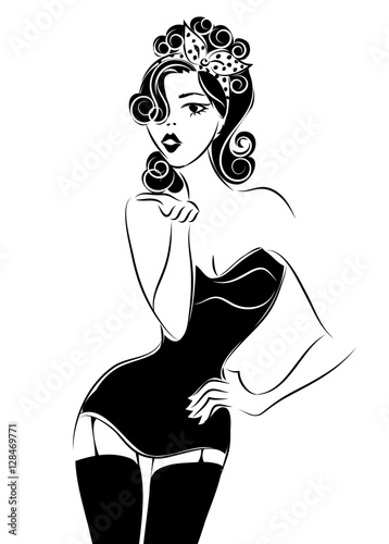 Sexy pin up woman sending an air kiss, black and white vector silhouette