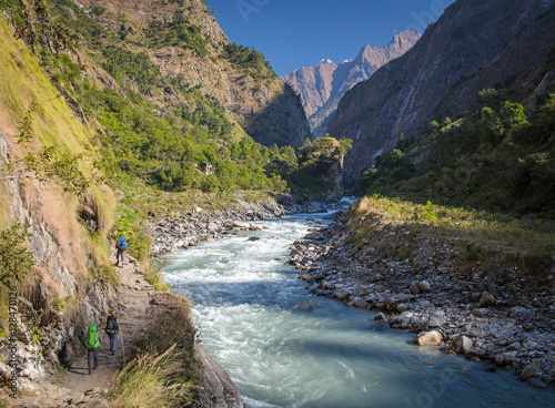 Hiking in Himalayas mountains. Manaslu circuit trek, Nepal photo