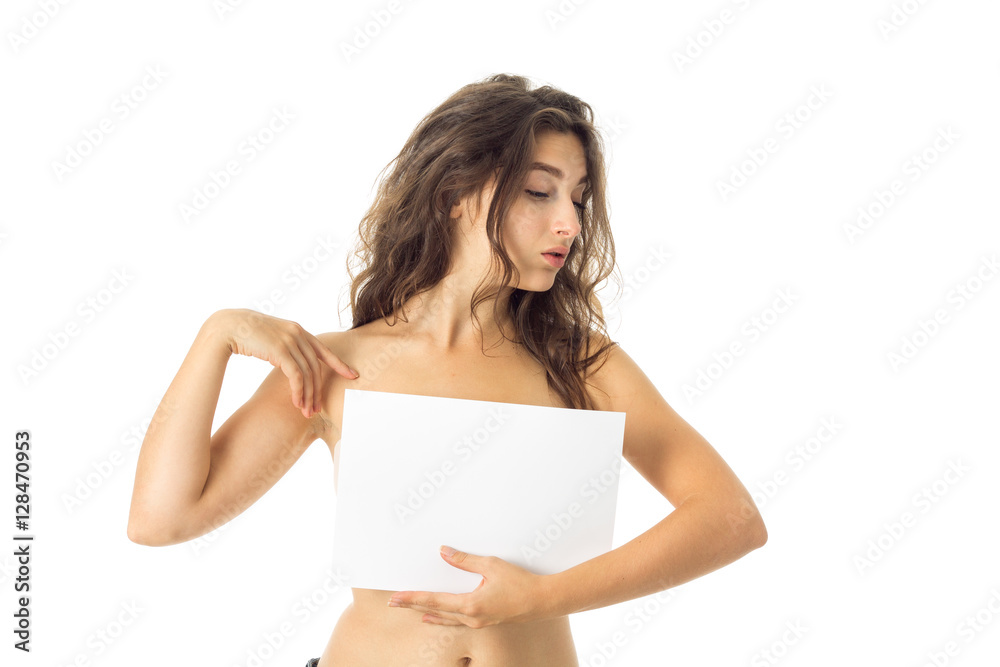 nude brunette girl with placard nude brunette girl with placard