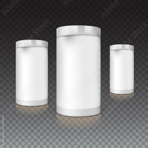 Packaging with metal cover for the presentation of the product on trasparent background. Vector mock-up for your design.