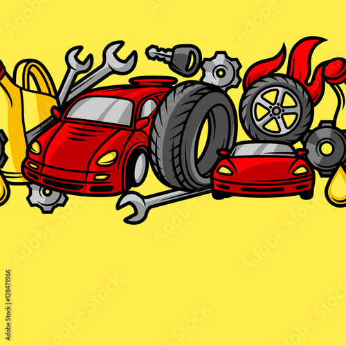 Car repair seamless pattern with service objects and items