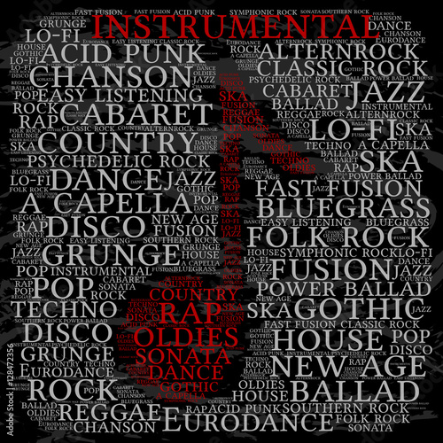 Instrumental. Word cloud, musical notes, gray font, grunge background. Variety of music.