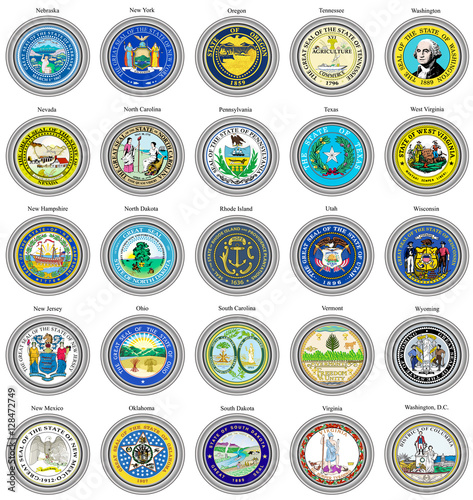Set of icons. States of USA seals. 3D.