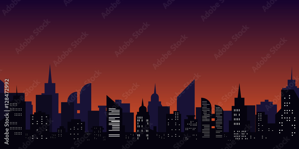 Night city. Cityscape silhouette with windows. Minimalist graphical urban landscape. Skyscraper skyline, dark sky. Vector illustration. Scape, panorama. Light town in flat design. Downtown