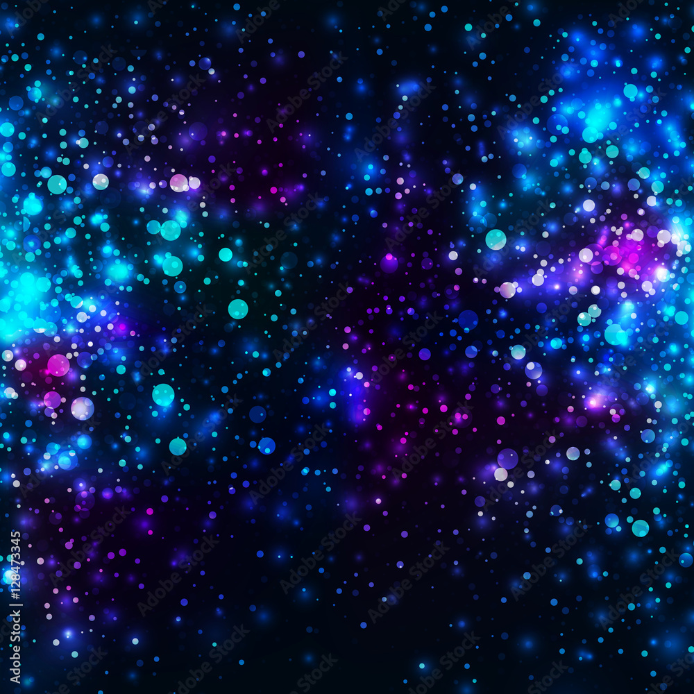 Vector rainbow glowing light glitter background. Galaxy magic lights background. Star burst with sparkles on black background