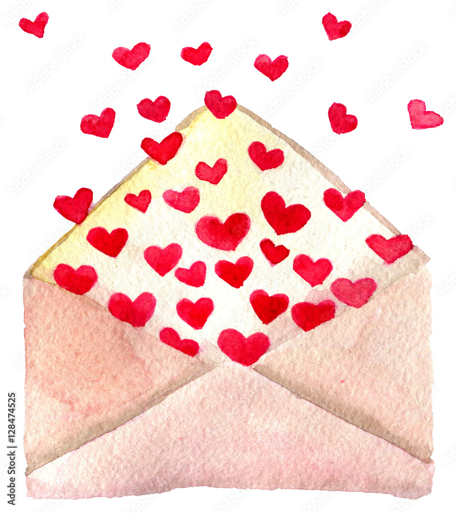 watercolor sketch of valentine`s day greeting letter on white ba - obrazy, fototapety, plakaty 