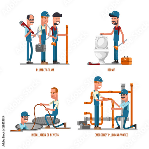 Plumbing work. Plumbers and repairs vector illustration