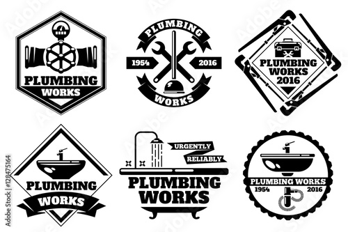 Plumber working logo and force plumbing label vector set