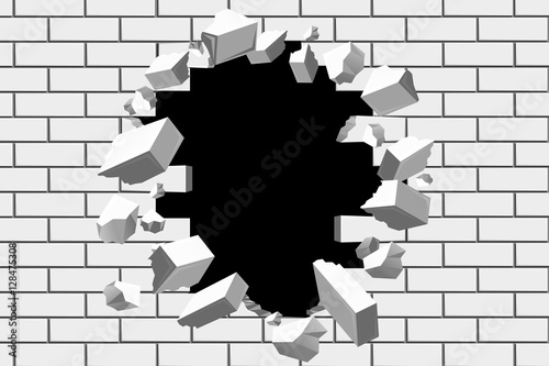 Brick wall break vector background. Destroyed barrier for business and achieve goals illustrations