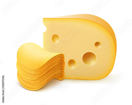 Potato Crispy Chips Stack with Cheese Close up Isolated on White Background