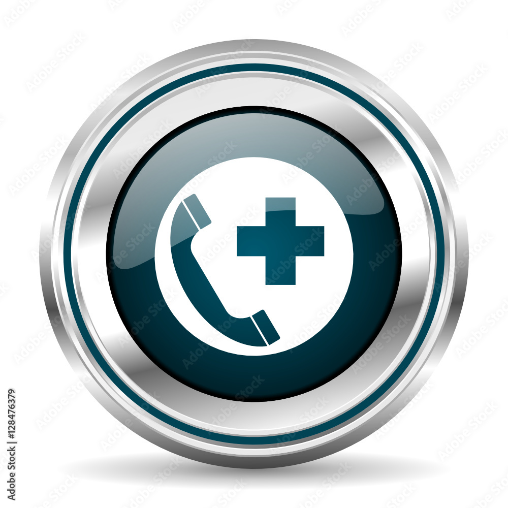 Emergency call vector icon. Chrome border round web button. Silver metallic pushbutton. Emergency call vector icon. Chrome border round web button. Silver metallic pushbutton.