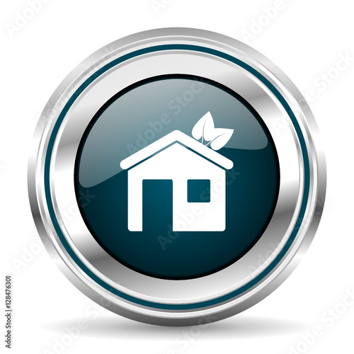 Eco home vector icon. Chrome border round web button. Silver metallic pushbutton.