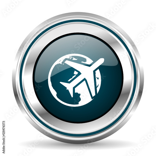 Travel vector icon. Chrome border round web button. Silver metallic pushbutton.