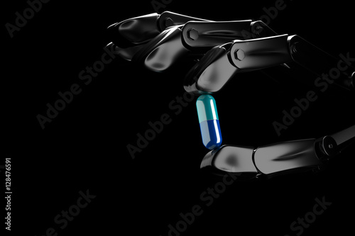 3d illustration robot hand keeps pill on a dark background