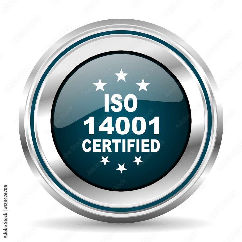 Iso 14001 certified vector icon. Chrome border round web button. Silver metallic pushbutton. Iso 14001 certified vector icon. Chrome border round web button. Silver metallic pushbutton.