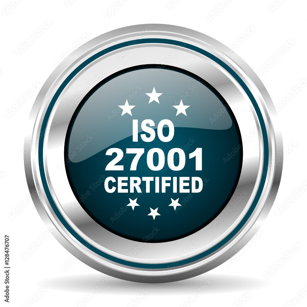 Iso 27001 certified vector icon. Chrome border round web button. Silver metallic pushbutton. Iso 27001 certified vector icon. Chrome border round web button. Silver metallic pushbutton.