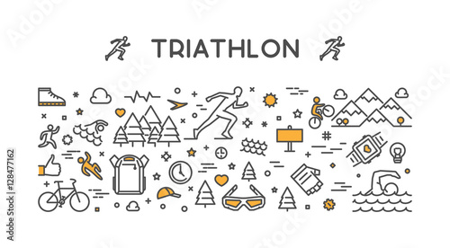 Vector line logo triathlon. Figures triathletes on white background.