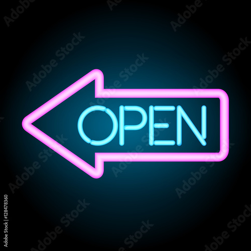 Neon sign open with arrow, vector, realistic design