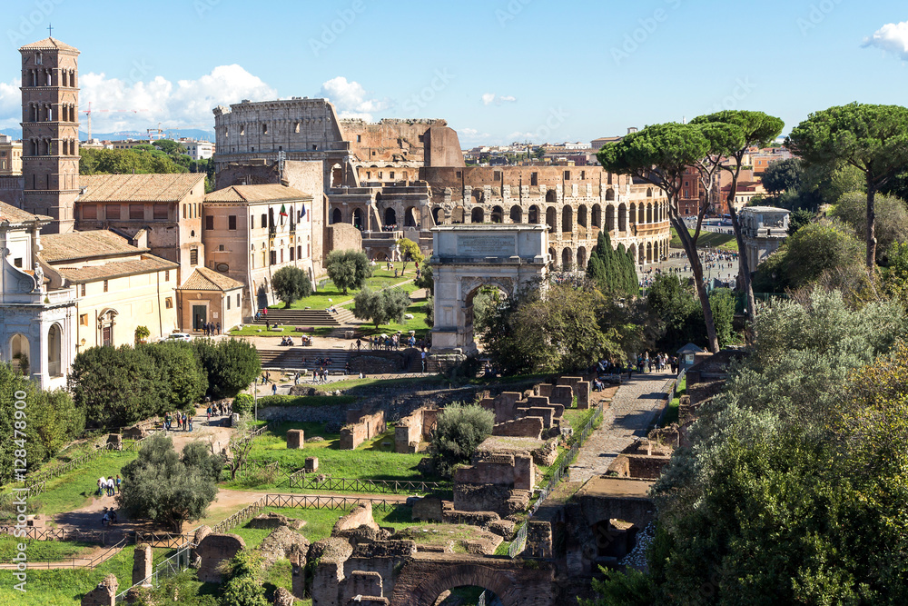 Ruins of the colosseum and arch of constantine in Rome, Italy