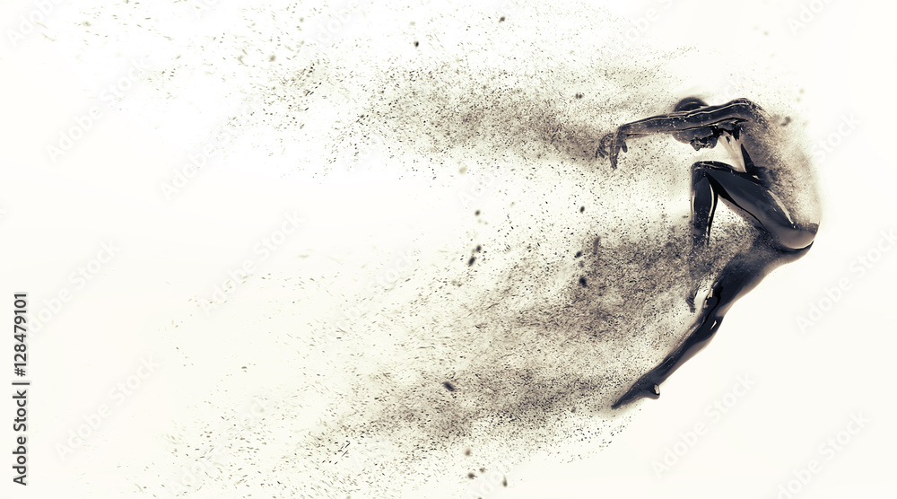 Fototapeta Abstrakcjonistyczny czarny plastikowy ludzkiego ciała manekin z rozpraszać cząsteczki nad białym tłem. Akcja tańca skok baletowy ułożenia. Ilustracja renderowania 3d