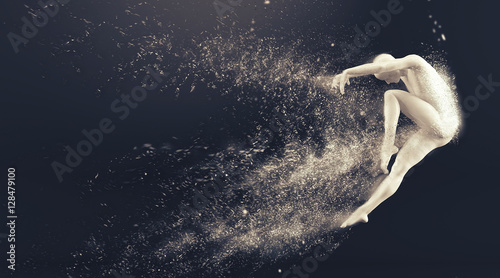 Abstract white plastic human body mannequin with scattering particles over black background. Action dance jump ballet pose. 3D rendering illustration