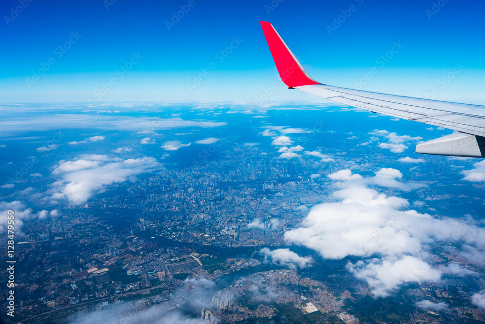 View From Airplane Window with skyline.
