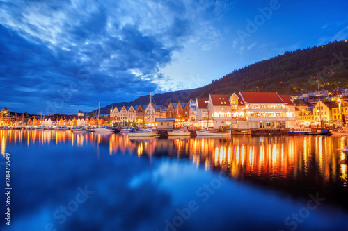 Bergen street at night with boats in Norway, UNESCO World Heritage Site © Tomas Marek
