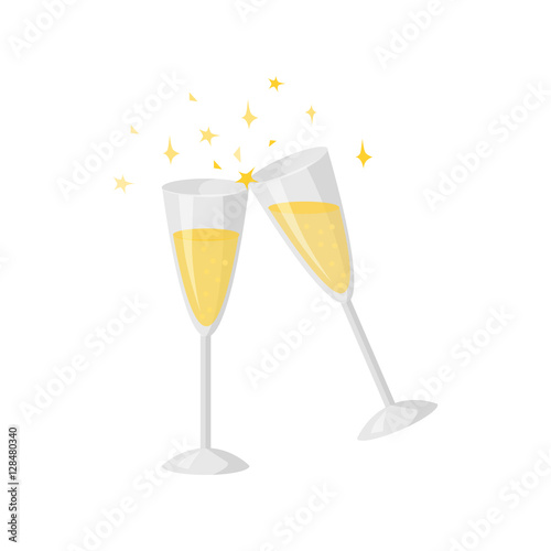 Vector of Two glasses champagne isolated on white. Cartoon style. Cute funny christmas icon. EPS 10 Vector illustration.