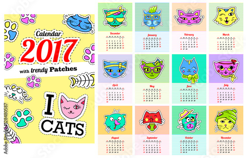Calendar 2017 with cats. In cartoon 80s-90s comic style fashion patches, pins and stickers. Pop art vector illustration. Every 12 months.Trendy colorsVector clip art.