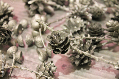 серебряные шишки, украшения на рождество, Фоновый, Текстура