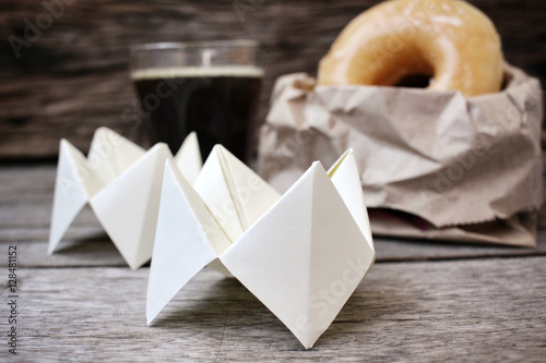 Donut and coffee cup with origami paper fortune teller