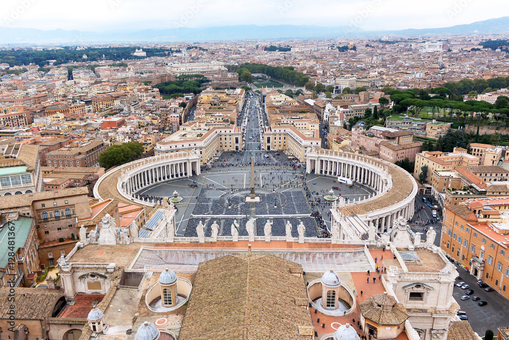 Famous saint peter square in vatican and aerial view of the city, rome, italy
