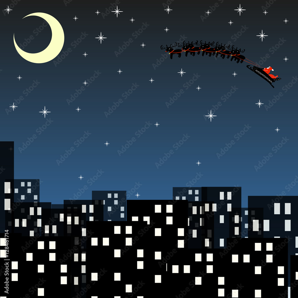 Fototapeta premium The night sky city, Santa Claus with deer, vector