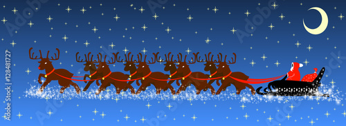 Santa Claus in a sleigh with reindeer, stars, night, vector