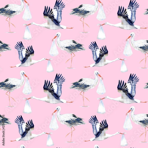 Seamless pattern with Stork and baby.Watercolor hand drawn illustration.Newborn girl picture.Pink background.