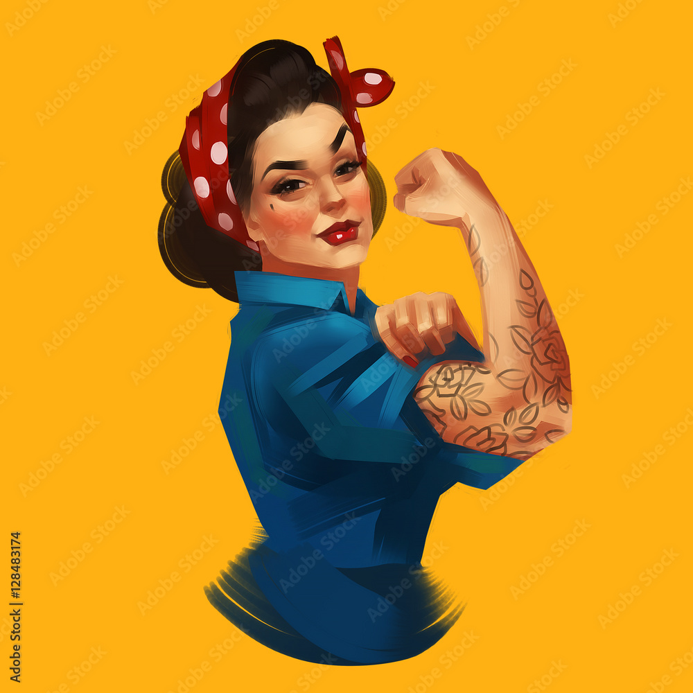 We Can Do It. Iconic woman's fist/symbol of female power and industry.  Modern design inspired by classic american poster. Stock Illustration