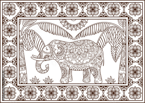 Hand drawn decorative outline elephant and palm trees in ornamental frame. Adult coloring book page. Horizontal drawing with ethnic ornament. Vector illustration