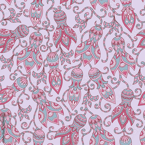 Vintage floral seamless pattern. Ethnic ornament. Weaved stylized stems of plants with unique decorative flowers in folk style. Seamless texture in light purple colors. Vector illustration.