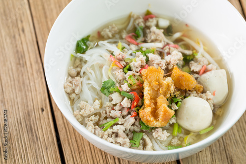 Thin rice noodles with sliced Pork in broth, Thai noodle
