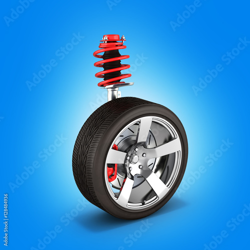 suspension of the car with wheel perspective view on blue backgr