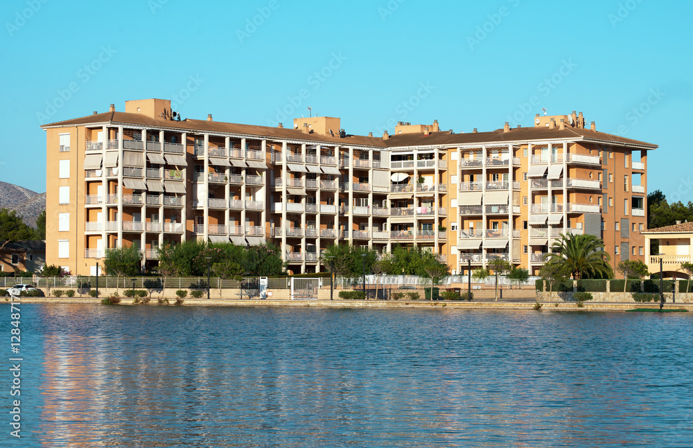 Apartment building near pond. Alcudia, Mallorca.
