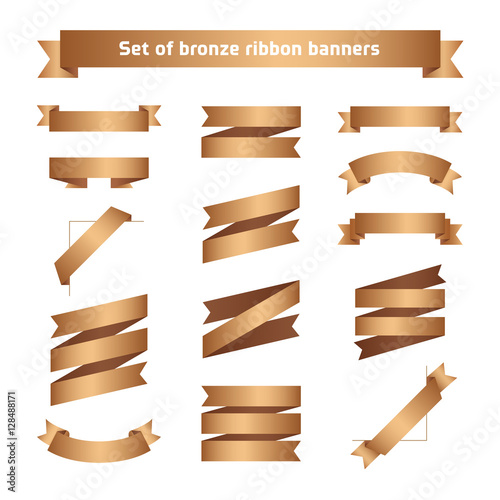 Set of bronze ribbon banners. Flat vector bronze tape collection. Glossy ribbons isolated on white background. Bronzed tapes. Label illustration for greeting card, gift, poster, flyer, your design.