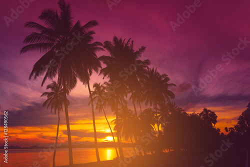 Fototapeta Naklejka Na Ścianę i Meble -  Silhouette coconut palm trees on beach at sunset. Vintage tone.