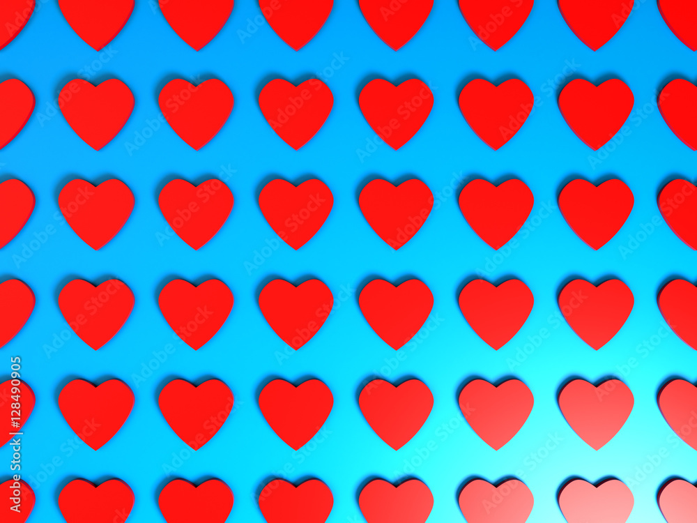 Red 3d heart pattern with light effect. Valentine's day theme on blue background. Image for holiday, amour, dating, couple, lovers fondness. 3d illustration