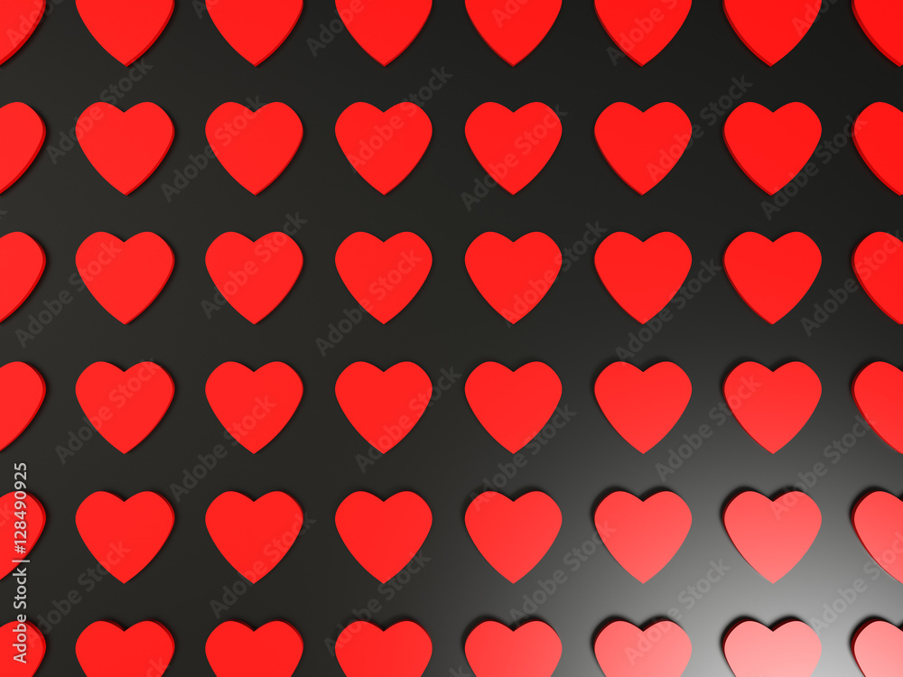 Red 3d heart pattern with light effect. Valentine's day theme on black background. Image for holiday, amour, dating, couple, lovers fondness. 3d illustration
