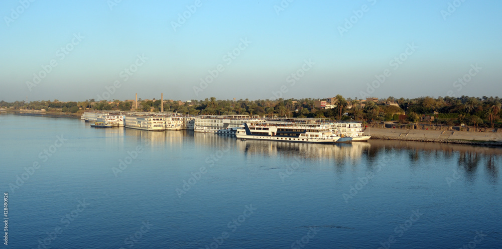 Evening view of the Nile River. Egypt. Africa. Photo partially tinted.