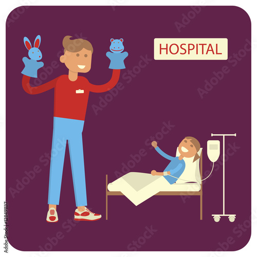 Young man show Puppet theater for sick child. Volunteers help ill kids. Flat style vector illustration isolated.