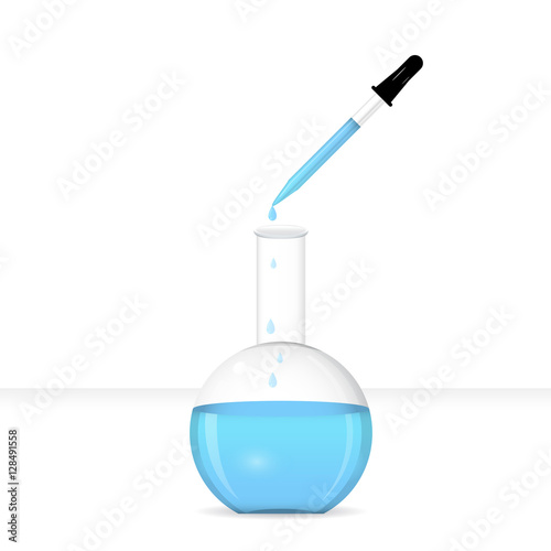 Flat-bottomed chemical flask with pipette on lab table